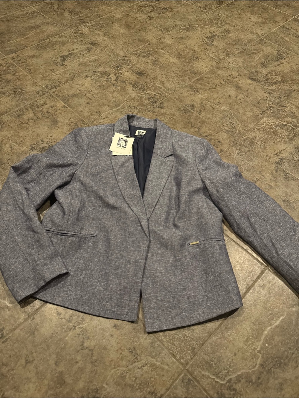 🥦Anne Klein blue heathered linen-blend blazer with a single-button front